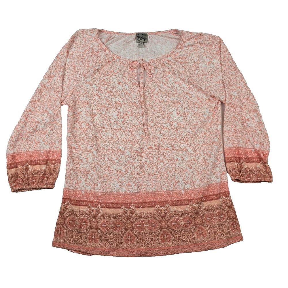 Como Vintage Women's Size Medium Long Sleeve Shirt Blouse Pink White Boho‎